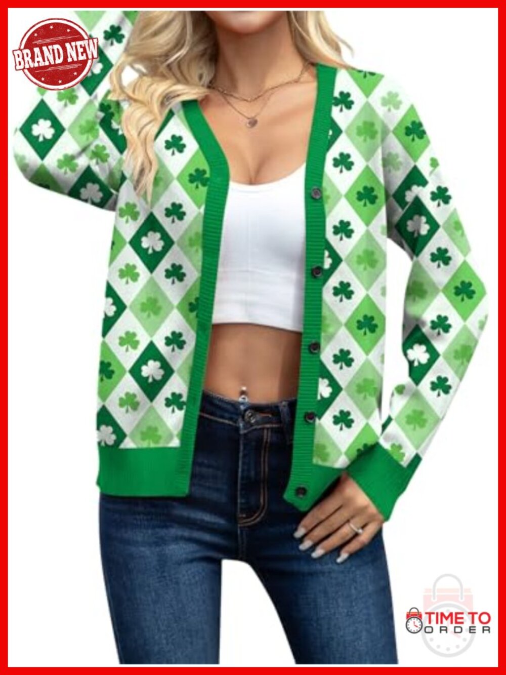 St Patricks Day Cardigan Women Lucky Shamrock Knit Sweater Button Down V Neck